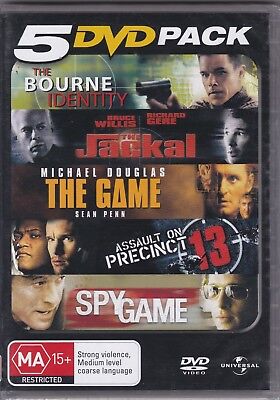 5 DVD PACK. BOURNE IDENTITY, THE JACKAL, THE GAME, ASSAULT ON PRECINCT 13, SPY GAM